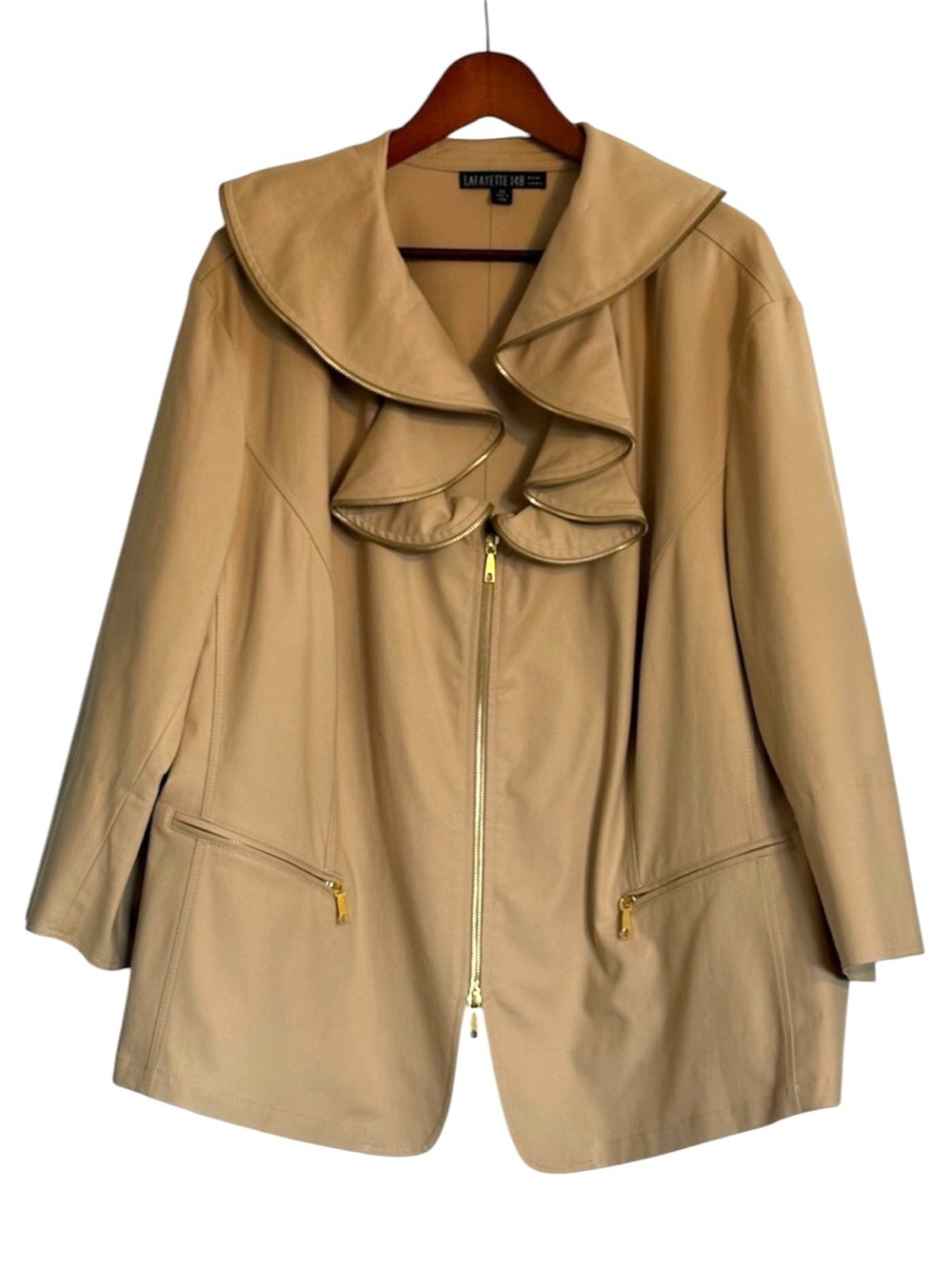Lafayette 148 New York Ruffle Collar Zip Up Crop Sleeve Jacket Blazer Size 24